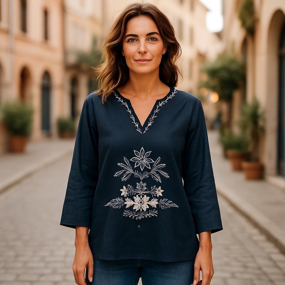 A.K.C 1X Black Linen Blend Embroidered Floral Tunic Top Blouse Long Sleeve Y2K